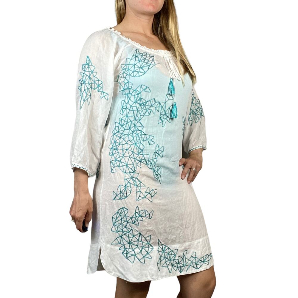 Poupette St. Barth Dress Mini Cover Up Blue Green Geometric Embroidery